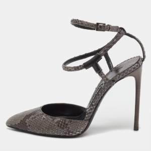 Pre Owned Tom Ford Grey/Brown Snakeskin Leather Pointed Toe Ankle Strap Pumps Size 37