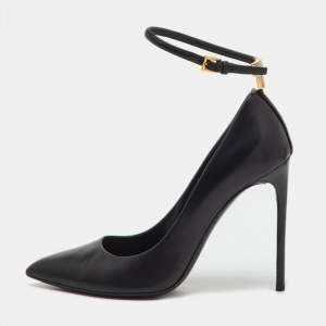 Pre Owned Tom Ford Black Leather Pointed Toe Ankle Strap Pumps Size 38