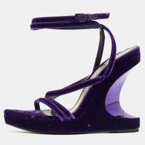 Pre Owned Tom Ford Purple Velvet Wavy Wedge Sandals Size 36