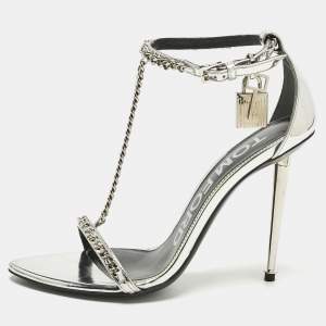 Pre Owned Tom Ford Silver Patent Leather Padlock Chain Ankle Strap Sandals Size 36