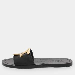 Pre Owned Tom Ford Black Leather TF Slide Sandals Size 37