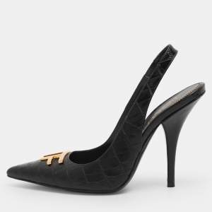 Pre Owned Tom Ford Black Croc Embossed Leather Slingback Pumps Size 37