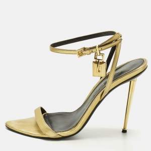 Pre Owned Tom Ford Padlock Size 39 Gold Leather Ankle Strap Sandals