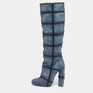Pre Owned Tom Ford Size 39 Denim And Leather Trim Patchwork Knee Length Boots 