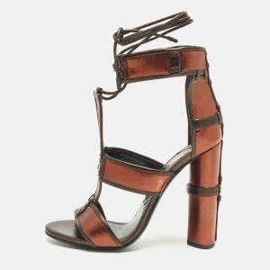 Pre Owned Tom Ford Size 37.5 Metallic/Brown Leather Panelled Patchwork Ankle Strap Sandals 