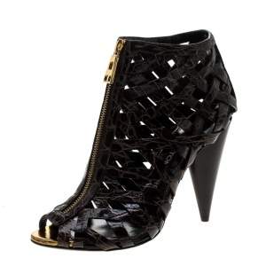 Tom Ford Brown Croc Embossed Leather Cutout Peep Toe Sandals Size 39