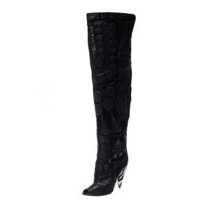 Tom Ford Black Leather/Lace Peep Toe Over The Knee Boots Size 37.5
