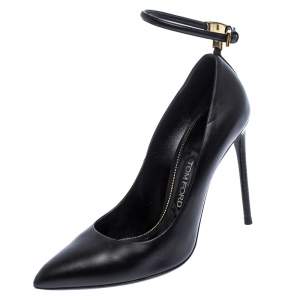 Tom Ford Black Leather Pointed Toe Ankle Strap Pumps Size 38