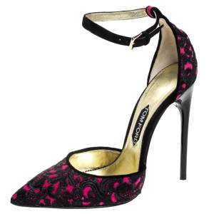 Tom Ford Pink/Black Embroidered Suede D'Orsay Pointed Toe Ankle Strap Pumps Size 40