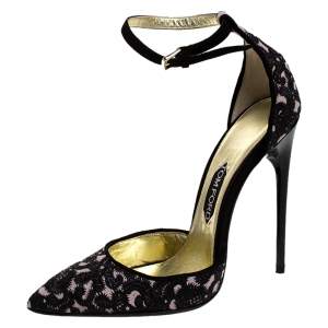 Tom Ford Beige/Black Embroidered Suede D'Orsay Pointed Toe Ankle Strap Pumps Size 41