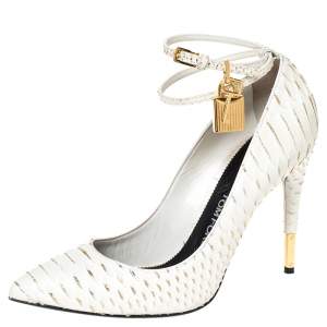 Tom Ford White Python Leather Padlock Ankle Strap Pointed Toe Pumps Size 38.5