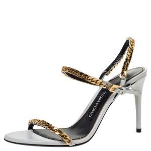 Tom Ford White Leather Chain Embellished Slingback Sandals Size 37