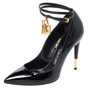 Tom Ford Black Patent Leather Padlock Ankle Wrap Pointed Toe Pumps Size 39.5