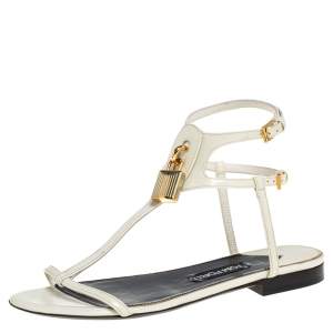 Tom Ford White Patent Leather T Strap Padlock Flat Sandals Size 37.5