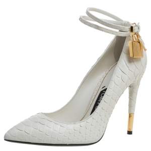 Tom Ford White Python Padlock Ankle Strap Pointed Toe Pumps Size 36