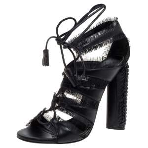 Tom Ford Black Leather Fringes Gladiator Tassel Ankle Wrap Sandals Size 36.5
