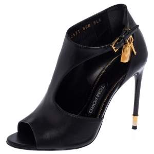 Tom Ford Black Leather Padlock Peep Toe Booties Size 37