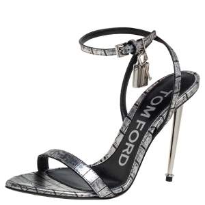 Tom Ford Silver Embossed Leather Padlock Pointy Naked Sandals Size 37