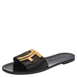 Tom Ford Black Leather TF Flat Slides Size 38