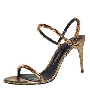 Tom Ford Metallic Gold Python Leather Chain Embellished Slingback Sandals Size 38.5