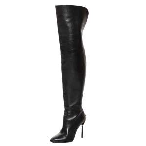Tom Ford Black Leather Over the Knee Zipper Embellished Heel Boots Size 38