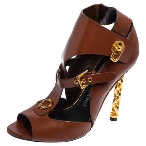 Tom Ford Brown Cut Out Leather Chain Link Heel Sandals Size 37.5