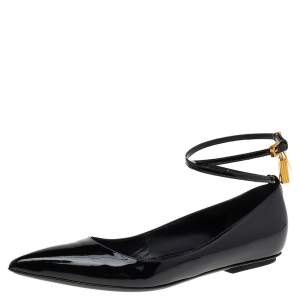 Tom Ford Black Patent Leather Padlock Ankle Strap Ballet Flats Size 37