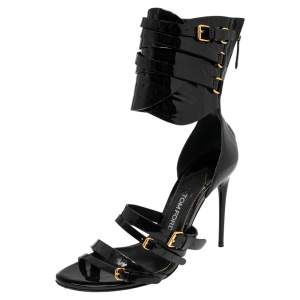 Tom Ford Black Patent Leather Gladiator Triple Buckle Sandals Size 38.5