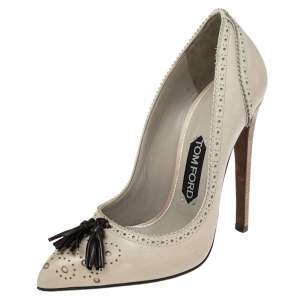 Tom Ford Soft Green Brogue Leather Pointed Toe Tassel Pumps Size 37