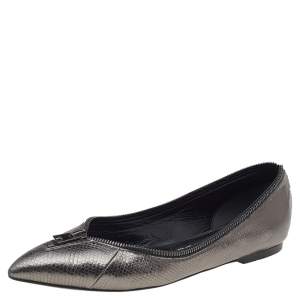 Tom Ford Metallic Grey Embossed Karung Leather Zipper Pointed Toe Ballet Flats Size 38