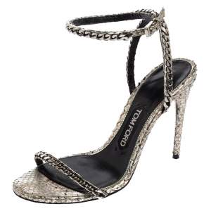 Tom Ford Metallic Silver Python Leather Chain Embellished Ankle Strap Open Toe Sandals Size 37