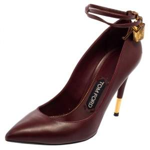 Tom Ford Burgundy Leather Padlock Ankle Wrap Pointed Toe Pumps Size 38