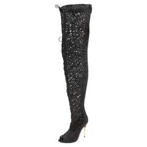 Tom Ford Black Leather Lace Up Over The Knee Boots Size 37