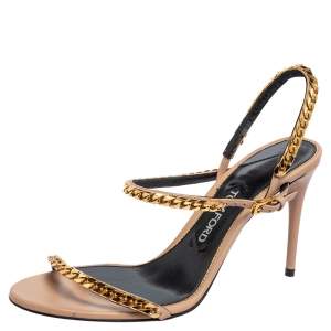 Tom Ford Beige Leather Chain Embellished  Slingback  Sandals Size 39