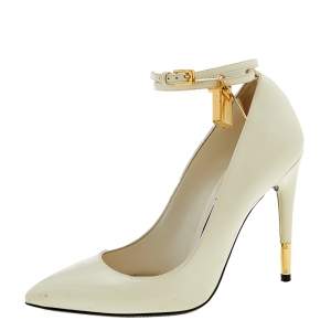 Tom Ford White Patent Leather Padlock Ankle Wrap Pointed Toe Pumps Size 36.5