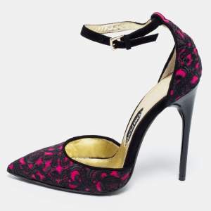 Tom Ford Fuchsia/Black Embroidered Suede D'Orsay Pointed Toe Ankle Strap Pumps Size 38.5