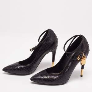 Tom Ford Black Python Leather Padlock Charm Ankle-Strap Pumps Size 38