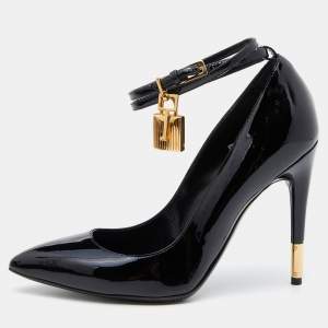 Tom Ford Black Patent Leather Padlock Ankle Wrap Pumps Size 36.5