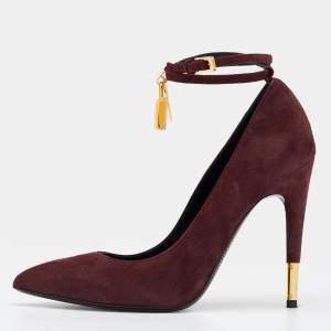 Tom Ford Burgundy Suede Padlock Ankle Wrap Pumps Size 37