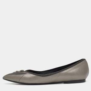 Tom Ford Metallic Grey Karung Embossed Leather Zipper Pointed Toe Ballet Flats Size 39