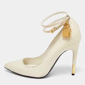 Tom Ford Off White Python Padlock Ankle Strap Pointed Toe Pumps Size 37