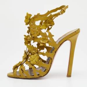 Tom Ford Mustard Yellow Leather Floral Embellished Ankle Strap Sandals Size 38