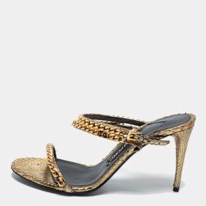 Tom Ford Metallic Gold Python Leather Chain Embellished Slingback Sandals Size 38.5