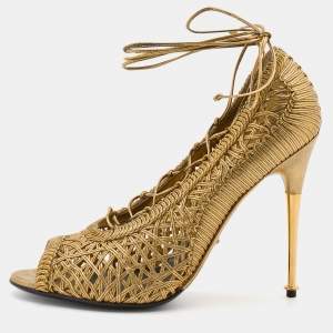 Tom Ford Metallic Gold Woven Leather Lace Up Pumps Size 41