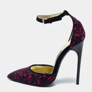 Tom Ford Pink/Black Embroidered Fabric Pointed Toe Ankle Strap Pumps Size 40