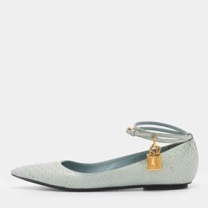 Tom Ford Pale Green Python Padlock Ankle Wrap Pointed Toe Flats Size 39