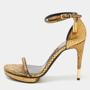 Tom Ford Gold Python Padlock Ankle Strap Platform Sandals Size 38.5