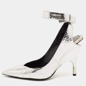 Tom Ford Silver Python Embossed Leather Ankle Strap Wedge Pumps Size 39