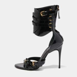 Tom Ford Black Patent Leather Triple Buckle Ankle Cuff Sandals Size 37