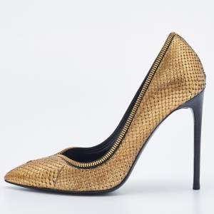 Tom Ford Metallic Gold Watersnake Leather Zipper Trim Pumps Size 38